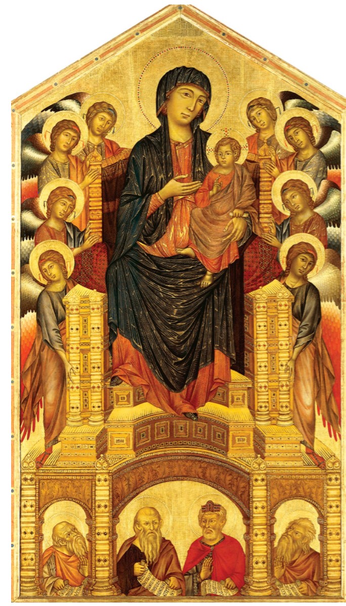 <p>Madonna and child enthroned with angels and prophets, tempera and gold on panel, Cimabue, 1280-1290, Galleria degli Uffizi, Florence, Italy</p>