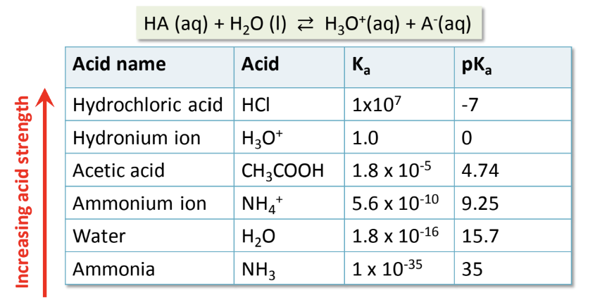 <p>✧ <span style="color: red"><strong>Strong</strong></span> acids are ~100% ionized in water → <span style="color: red">Kₐ &gt;&gt; 1, <strong>product</strong> favored</span></p><p>✧ <span style="color: rgb(71, 154, 212)"><strong>Weak</strong></span> acids are &lt;100% ionized in water, <span style="color: rgb(70, 163, 208)">Kₐ &lt; 1, <strong>reactant</strong> favored. </span>They don’t ionize appreciably</p><p>✦ pKₐ is the pH at which an acid is exactly half-ionized</p>