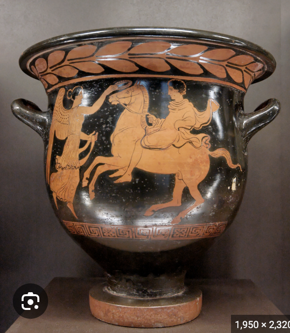 <p>a large, wide mouth, two-handled vase from ancient Greek pottery and metalwork, primarily used for mixing wine with water</p>