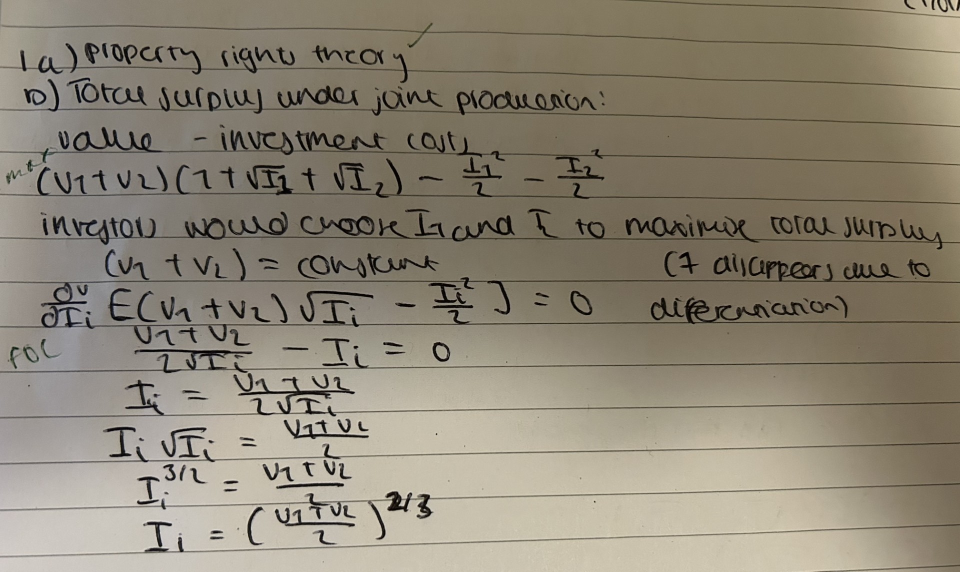 <ul><li><p>we can find the optimal I1 and I2 that maximises the total value minus the total cost of the investments (as if a central planner can decide both investments) </p></li><li><p>I1 and I2 equal each other </p></li></ul><p></p>