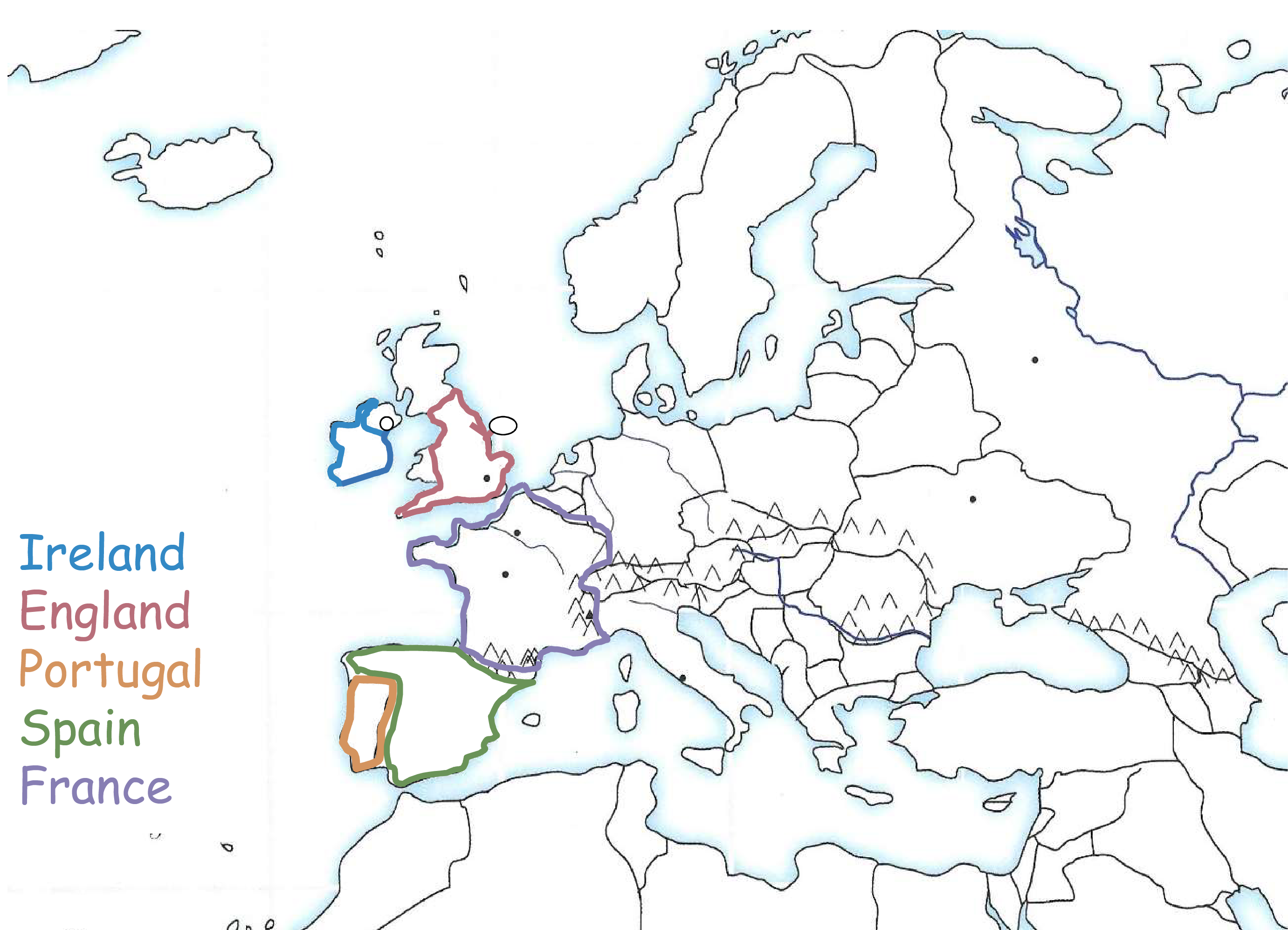 <p><mark data-color="blue" style="background-color: blue; color: inherit;">Blue Outline</mark>. Ireland. Look for 2 islands and its the western island.</p>