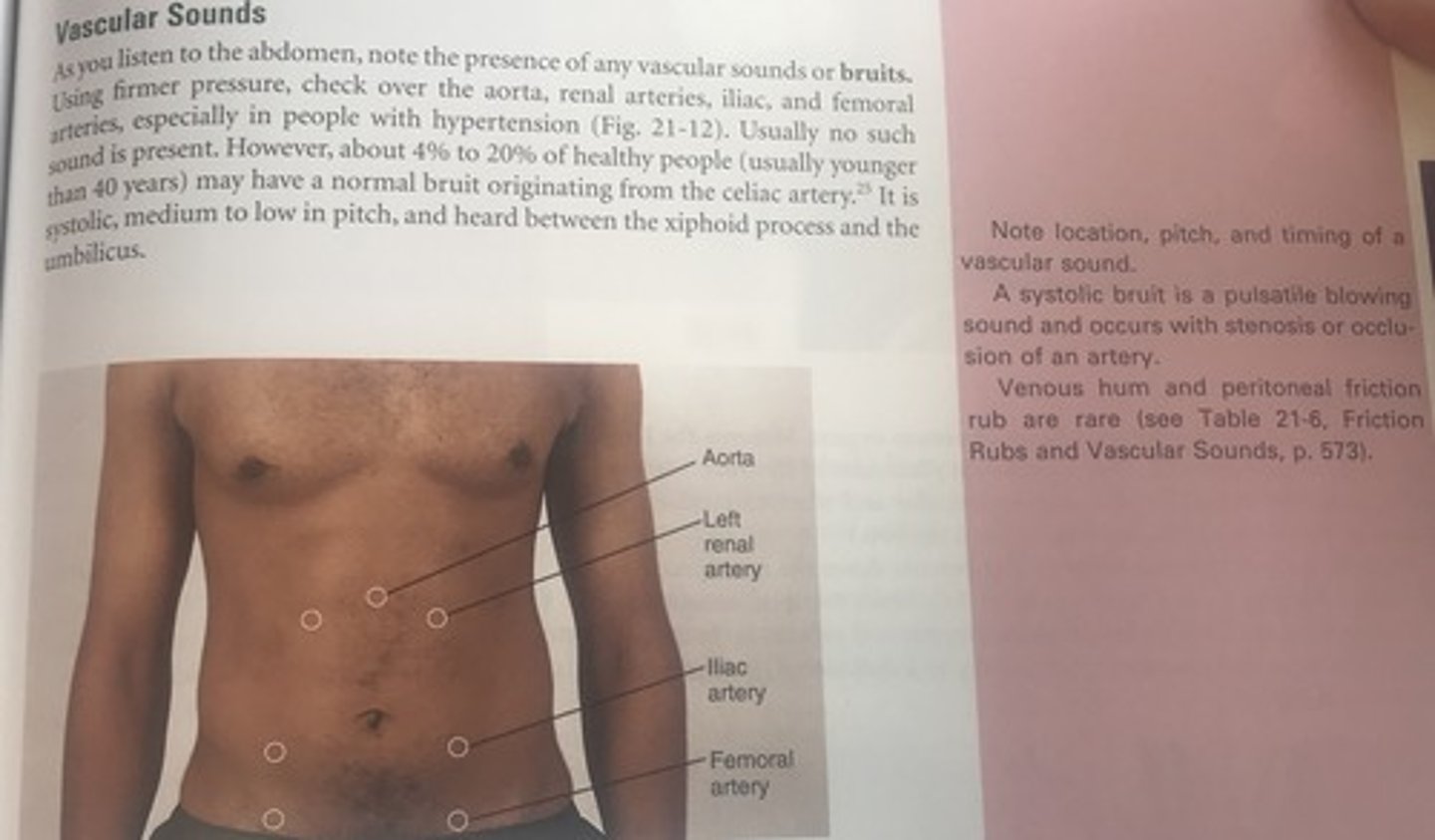 <p>C</p><p>Normally, the pulsations from the aorta are observed beneath the skin in the epigastric area, particularly in thin persons who have good muscle wall relaxation</p>