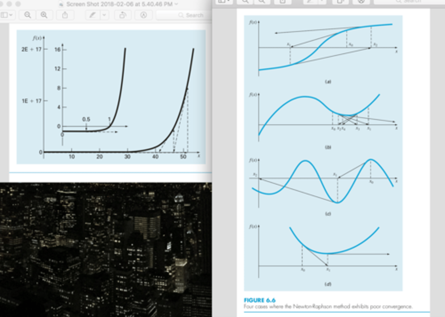 <p>* multiple roots<br><br><b> when the first guess is in a region where the slope is near zero (so first iteration flings solution far away!! so it takes time to converge back in on it (</b>nature of the function basically*) -- figure on left <br><br>* (figure a) inflection point (f'(x) = 0) occurs in the vicinity of a root, causing the iterations to diverge from the root. So slow when root is at an inflection point<br><br>* (figure b) illustrates the tendency of the Newton-Raphson technique to oscillate around a local maximum or minimum. Such oscillations may persist, or, as in Fig. 6.6b, a near-zero slope is reached whereupon the solution is sent far from the area of interest. <br><br>* (fig C) encountering near zero slopes (disaster cause a derivative of 0 causes division by 0)<br><br>* (fig d) tangent line shoots off horizontally. never hitting the x axis</p>