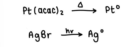 <p>Carbonyl complexes or metal halides are often used, they are heated to form the metal NPs or can sometimes be reduced photochemically.</p>
