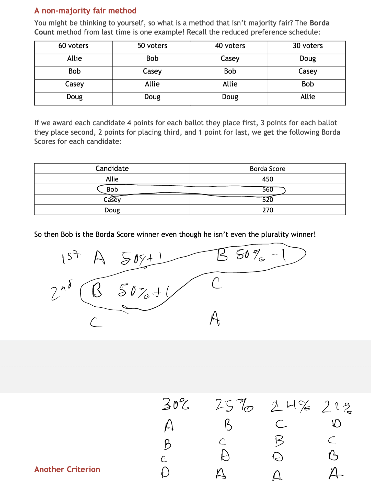<ul><li><p><strong>plurality</strong> — <span>if a candidate gets a majority of the votes, they are the plurality winner</span></p></li><li><p><span><strong>elimination</strong></span></p></li><li><p><span><strong>runoff </strong>— both need majority, left with majority winner </span></p></li><li><p> <strong>pairwise comparison</strong> — majority candidate would win every head to head </p></li></ul><p></p><p>NOT BORDA SCORE</p><p></p>