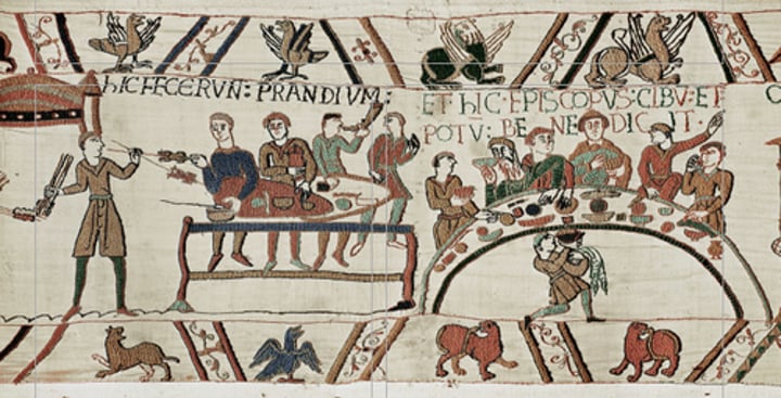 <p>from the Bayeux Embroidery; Canterbury, Kent, England, or Bayeux, Normandy, France<br>c. 1066-1082; likely made by aristocratic women; linen over 200 ft long; possibly displayed in a town hall or basilica; Romanesque art</p>