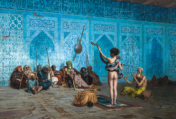 <p>Academic Orientalism. Exotic scene with erotic overtones. Illusionistic and naturalistic. Undressed young boy with python in front of a group of old men watching. Blue tiled background with Kufic calligraphy. Imagined scene with takes from real places. </p>
