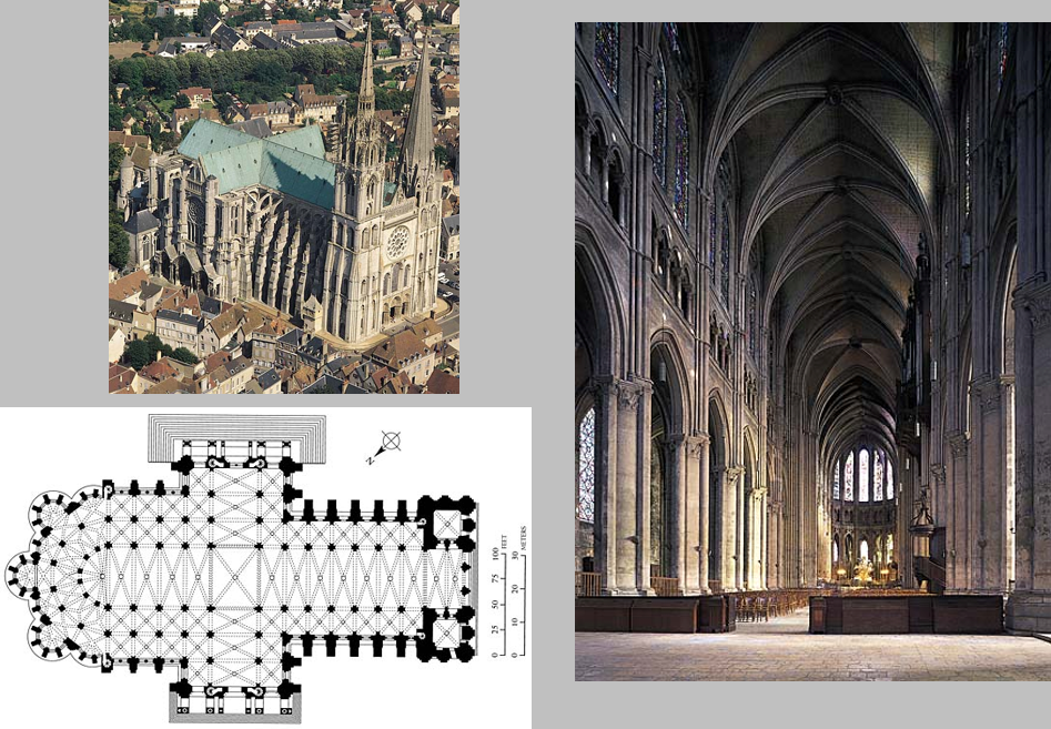 <ul><li><p>Contains the relic of the tunic of Mary, which miraculously survived the fire</p></li><li><p>Tall roofs allow for stain windows to be implemented</p></li><li><p>Stain glasses all tell story</p></li></ul><p></p>
