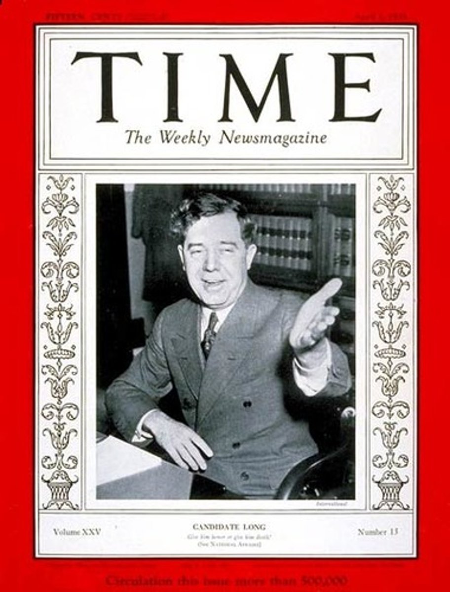 <p>Immensely popular governor and senator of Louisiana; provided tax favors, roads, schools, free textbooks, charity hospitals, and improved public services for Louisiana citizens; cost: corruption and personal dictatorship; formed national organization (Share Our Wealth)</p>