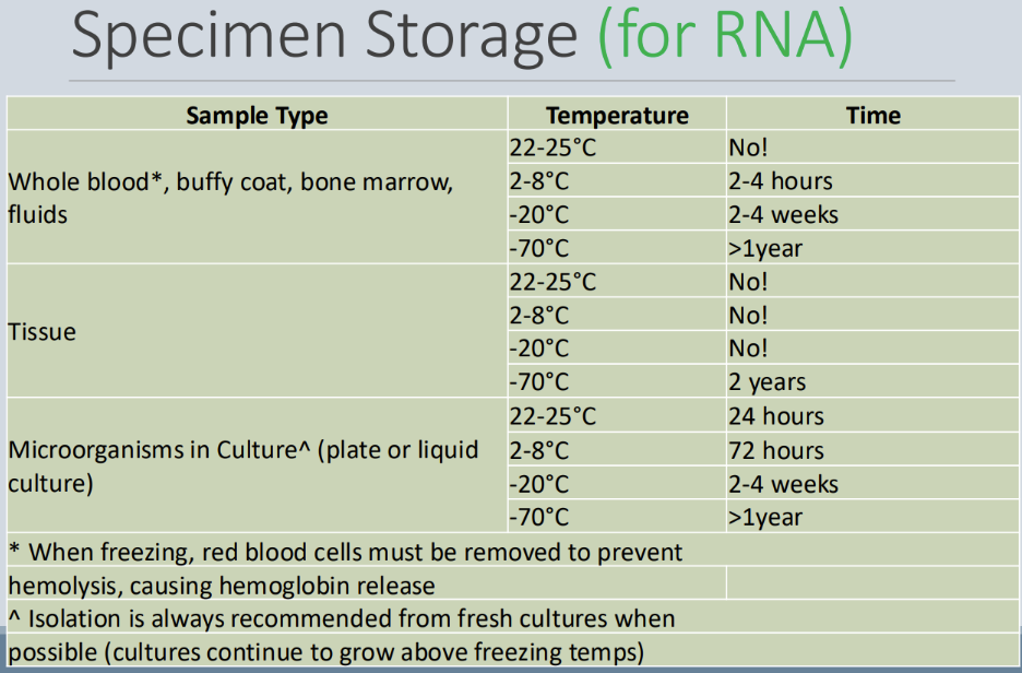 <p><span style="line-height: 18px;"><u>Specimen storage that will be used for RNA...</u>&nbsp;</span></p><ul><li><p class="Paragraph SCXW174579322 BCX0" style="text-align: left;"><span style="line-height: 18px;">Goal = to keep as cold as possible&nbsp;</span></p></li></ul><ul><li><p class="Paragraph SCXW174579322 BCX0" style="text-align: left;"><span style="line-height: 18px;">Limited temperature range because RNA is labile&nbsp;</span></p></li></ul><p></p>