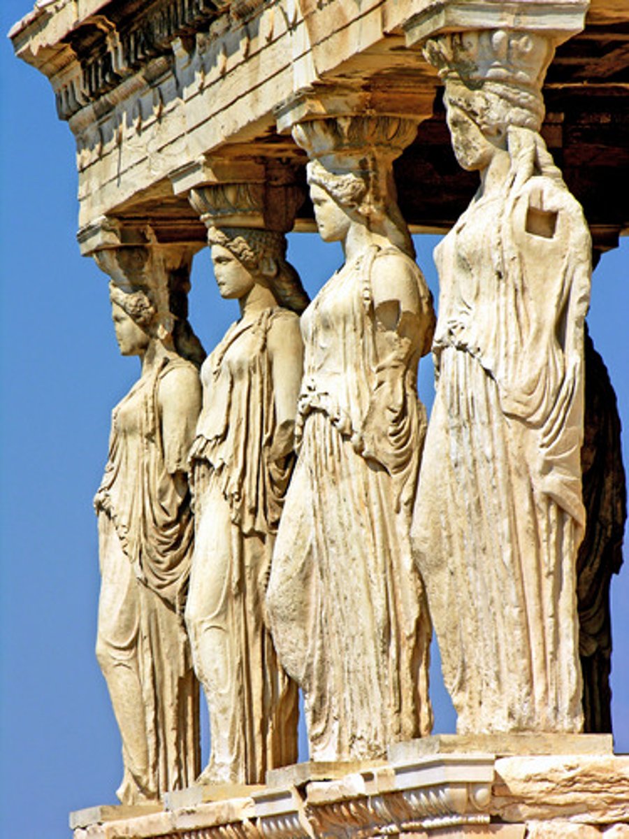 <p>Greece; stone carving of a draped female figure, used as a pillar to support the entablature.</p>