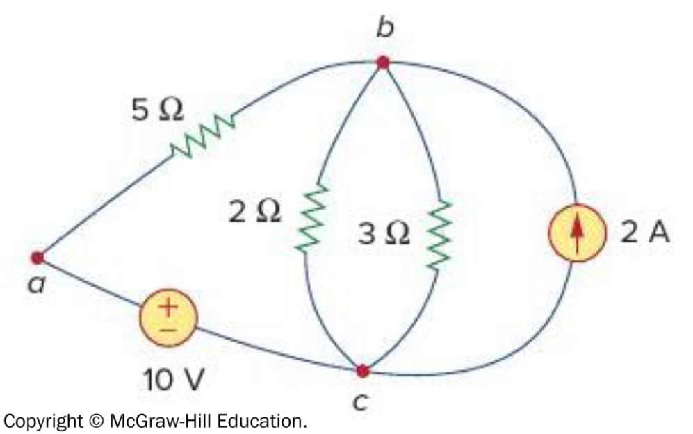 <p>Identify the nodes in the circuit. <strong>Select all that apply.</strong></p><p>a. Point <em>a</em></p><p>b. The 2 ohm resistor</p><p>c. The 10 V voltage source</p><p>d. Point <em>c</em></p><p>e. The 2 A current source</p><p>f. The 3 ohm resistor</p><p>g. Point <em>b</em></p>
