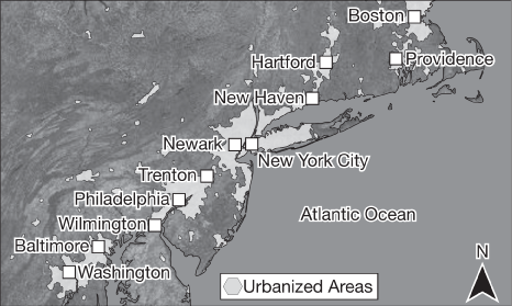 <p>The map shows urbanized areas. Which of the following additional types of quantitative data will be most helpful to a geographer analyzing expansion of the urbanized areas shown on the map?</p>
