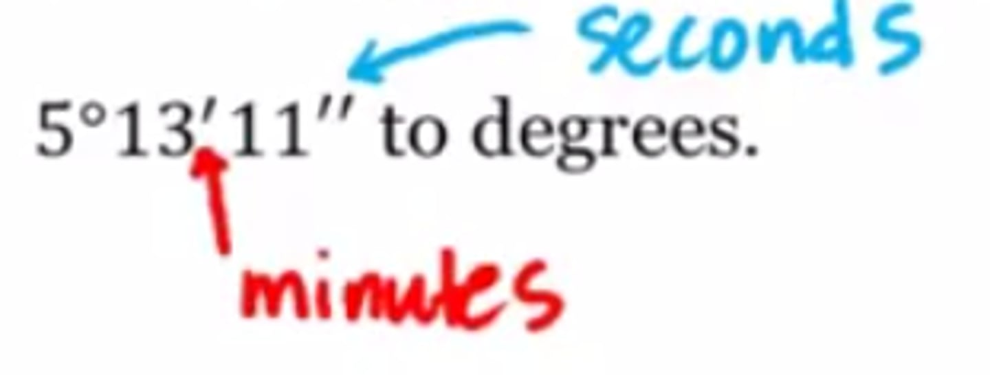 <p>1 degree = 60 minutes</p><p>1 minute = 60 seconds</p><p>1 minute = 1/60 degrees</p><p>1 second = 1/3600 degrees</p>