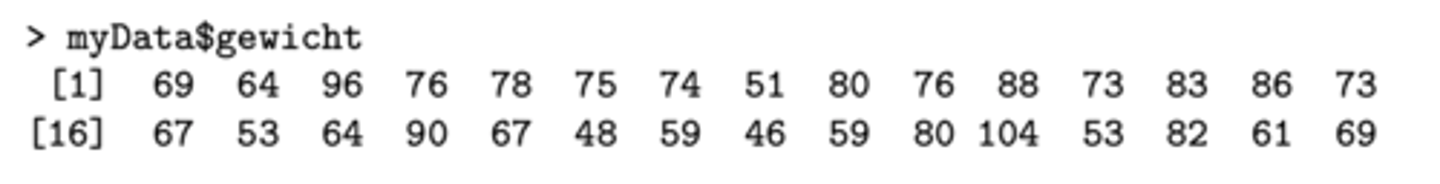 <p>Indien je een specifieke kolom van deze tabel wil raadplegen typ je myData gevolgd door $ en de naam van de variabele</p><p>vb. = myData$gewicht</p>