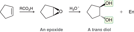 <p>Treating an alkene with a peroxy acid (RCO3H) converts the alkene into an epoxide, which is then opened upon treatment with aqueous acid to give a trans-diol.</p><p>(anti-dihydroxylation)</p>