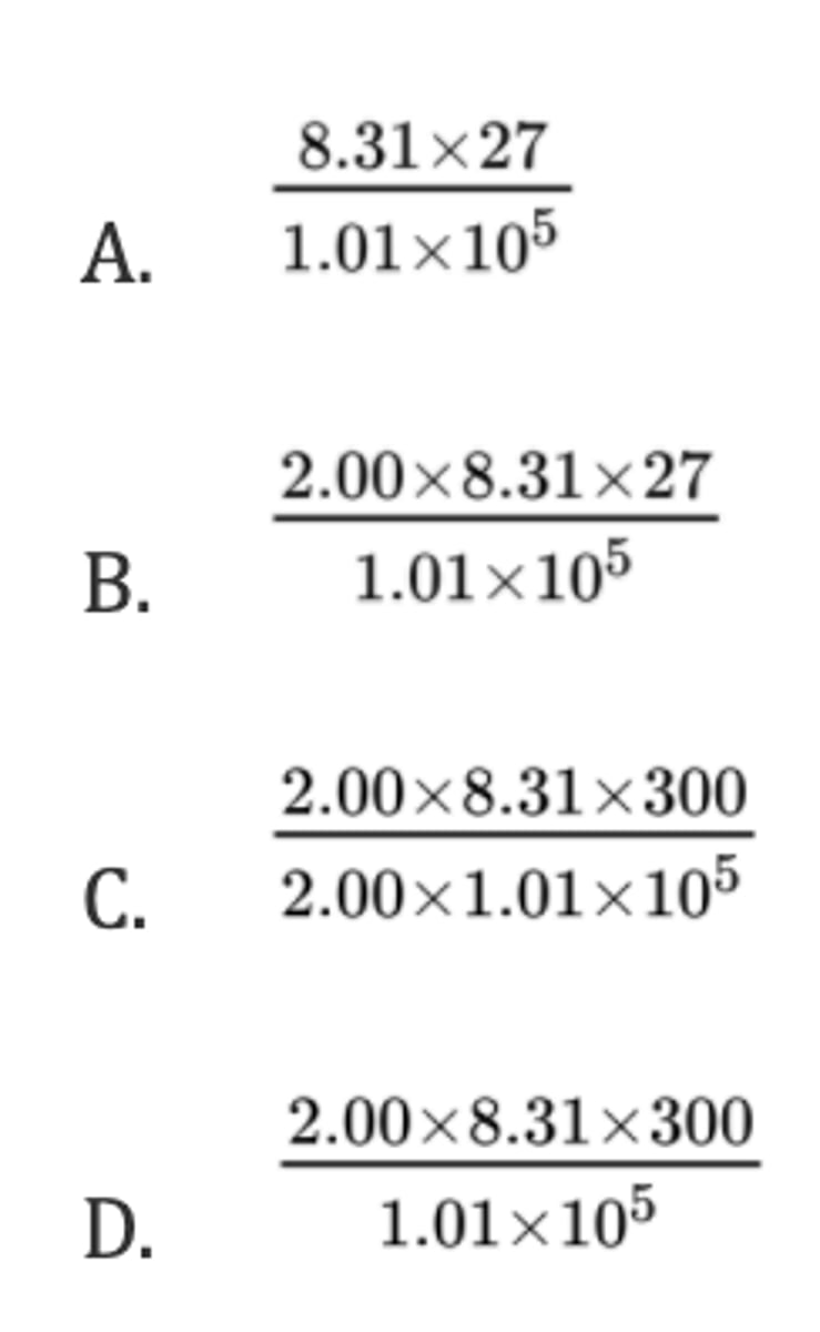 <p>What volume, in m³, is occupied by 2.00 mol of gas at 27 °C and 2.00 atm pressure?</p><p>Assume: 1.00 atm = 1.01 x 10⁵ Pa and R = 8.31 J K⁻¹ mol⁻¹.</p>