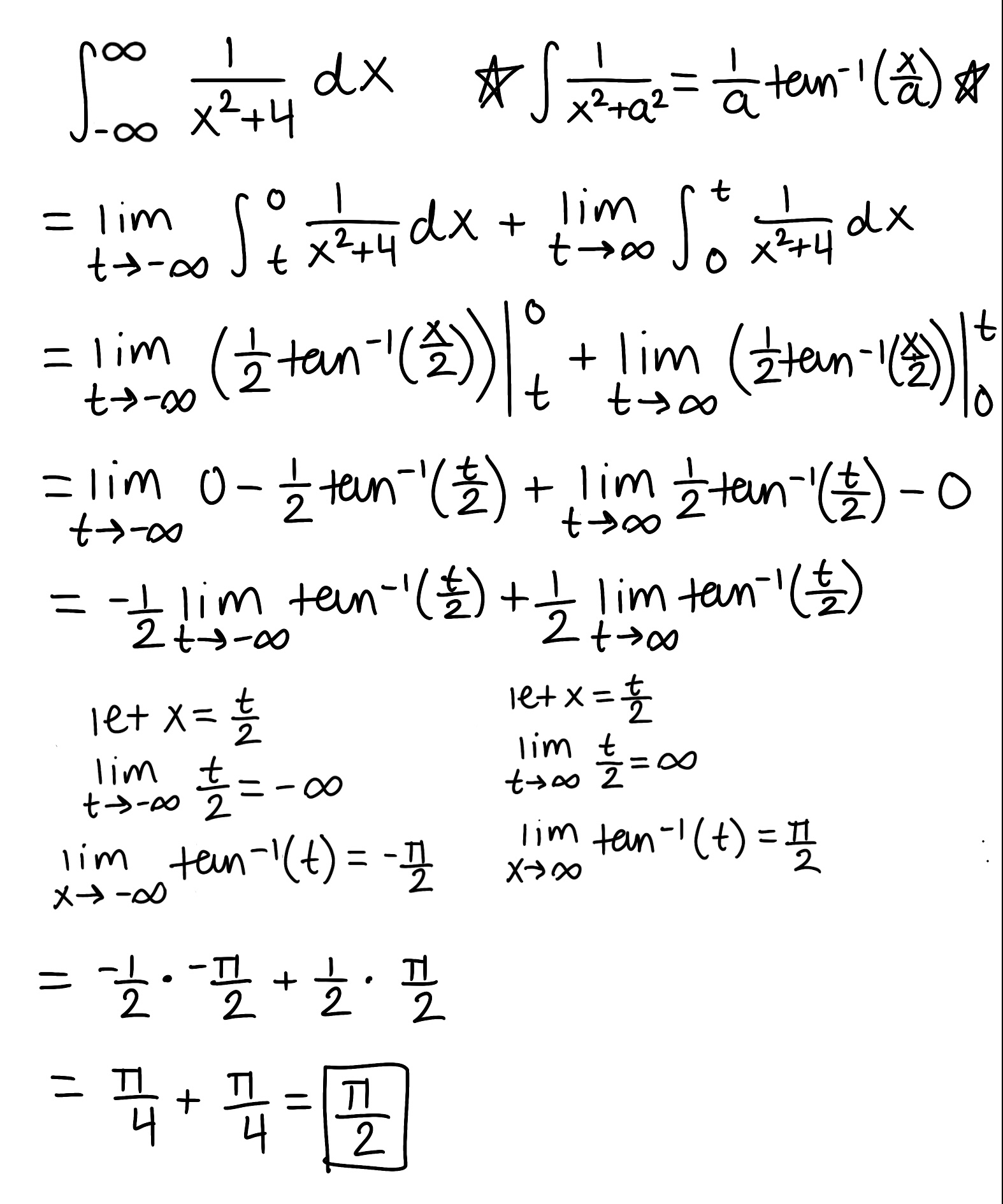 <ul><li><p>The integral is improper because both of the bounds are infinite</p></li><li><p>The integral converges because the limit is finite</p></li></ul><p></p>