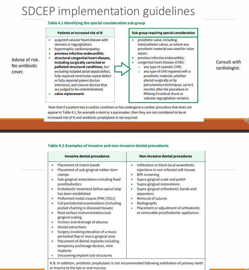 <p>Advise of risk no AB cover</p><p>Patients at risk and sub-groups requiring special considerations</p><p>bold - consult with cardiologist in the increased risk</p><p>most cardiologists - say yes</p><p>remember to educate on symptoms and OHI </p>