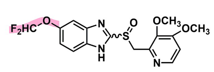 <ul><li><p><u>pharmacophore:</u> <strong>benzimidazole </strong></p></li><li><p>racemic mixture</p></li><li><p>C5 = EWG - decrease nucleophilicity and slow to protonate</p></li><li><p>Pyridine: substituents are EDG </p><ul><li><p>C5 is dominant in considering the time to proteinate </p></li></ul></li><li><p><strong>slower conversion</strong> to active compared to the other PPIs</p></li></ul>