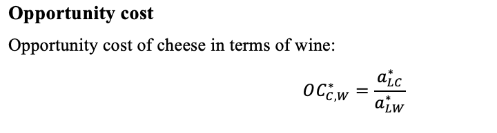 The trade-off when producing one good instead of another

The units of labour required to produce one unit of a good in terms of the labour required to produce another good

