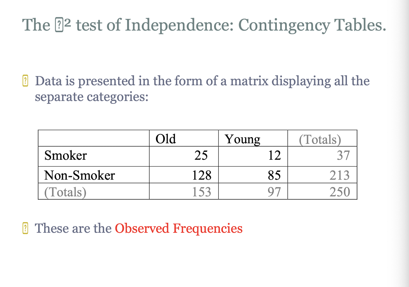 <p>in a contingency table, in the form of a matrix displaying all the separate categories</p>