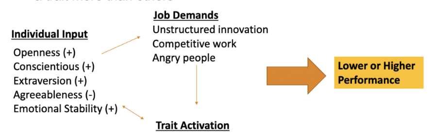 predicts that some situations, events, or interventions "activate" a trait more than others
(if these traits that need to be activated are not activated, then you may have a lower performance at work)

ex. a commission based compensation plan would activate extroversion bc extroverted people are more reward sensitive

ex. in jobs that encourage creativity, activating openness may better predict desired behavior
