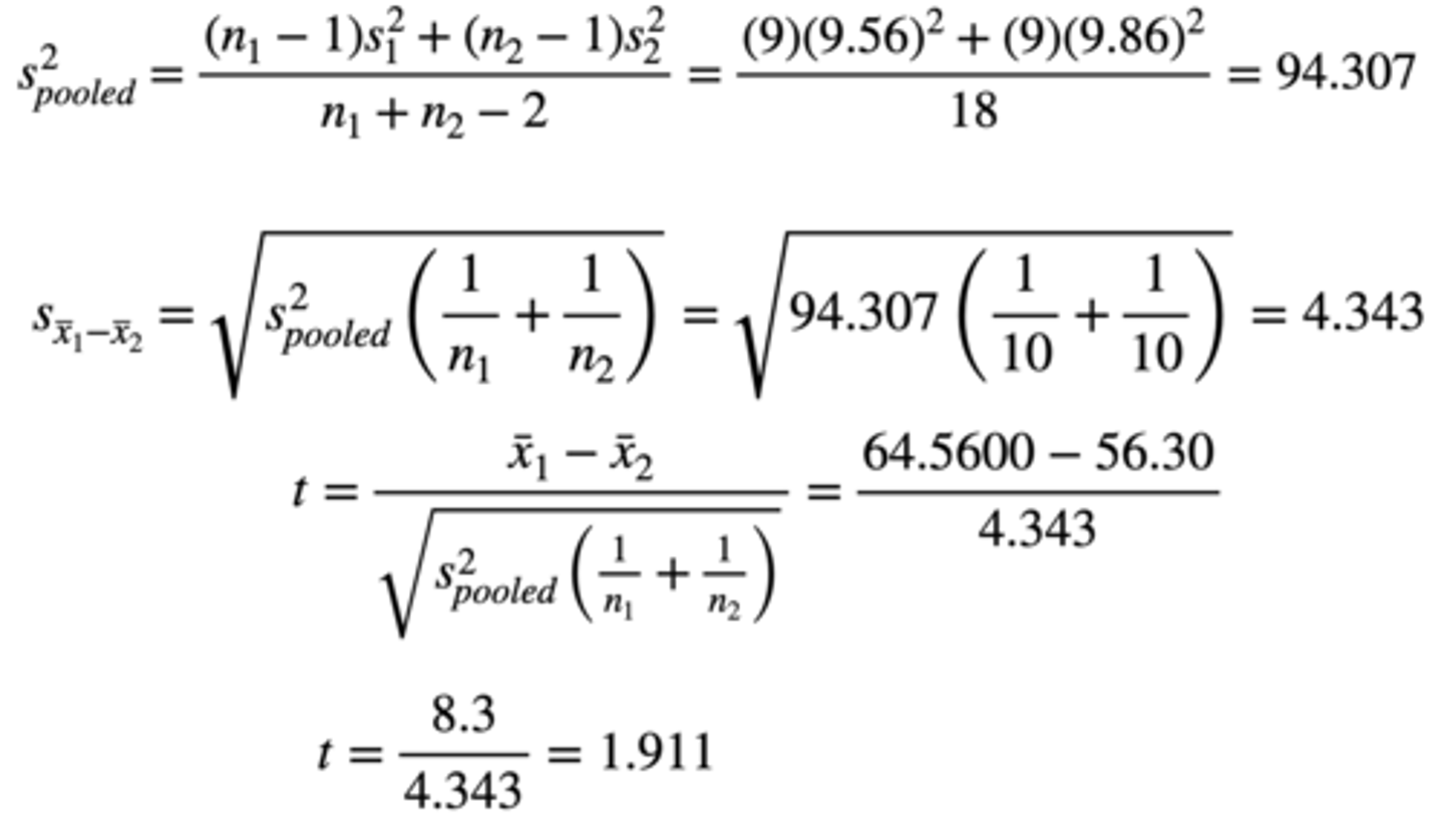 <p>Pooled variance = First sum of squares + second sum of squares / n1 + n2 - 2</p><p>= (9)(9.56)^2 + (9)(9.86)^2 / 18</p><p>= 94.307</p>