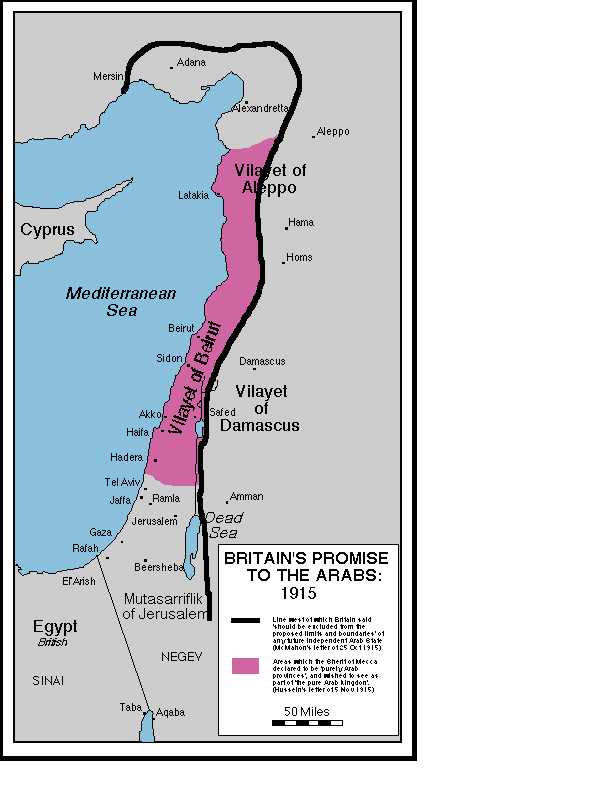 Before WWI, Hussein informed the British of his opposition to the Ottoman Sultan, and sought British support to establish an independent Arab Kingdom. The Sultan proposed Arab support against the Ottomans if Britain would grant independence of all the Arab provinces of the Ottoman Empire. The British were interested in encouraging an Arab revolt against the Ottomans, and desired their support. McMahon and Hussein exchanged eight letters and Britain ambiguously recognized support of Arab independence in return for Arab support agains the Turks. Hussein argued that ALL the Arab territories should be included, however McMahon instead identified areas to be reserved for British control. The final boundaries were left unresolved, and in June of 1916, Hussein declared independence of the Arabs from the Turks. After the war, a dispute arose regarding whether Palestine was promised to the Arabs as part of the correspondence. Hussein claims that although Palestine was never explicitly mentioned, it was implied, while in the Churchill-White Paper, the British clarified that it was not part of the deal.