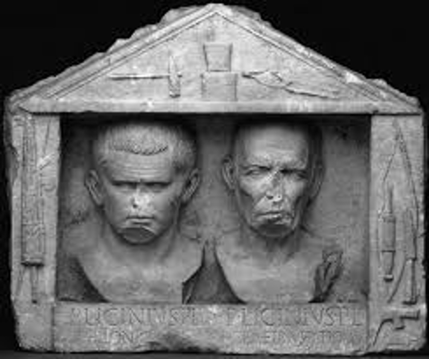 <p>This is an example of a portrait of two past slaves who are blacksmiths and sent this to their master</p><p>(Publius Licinius Philonicus, freedman of Publius and Publius Licinus Demetrius, freedman of Publius, made this for their master) they could use this when these freedmen would die as their gravestone in the family burial site (Niches).</p>