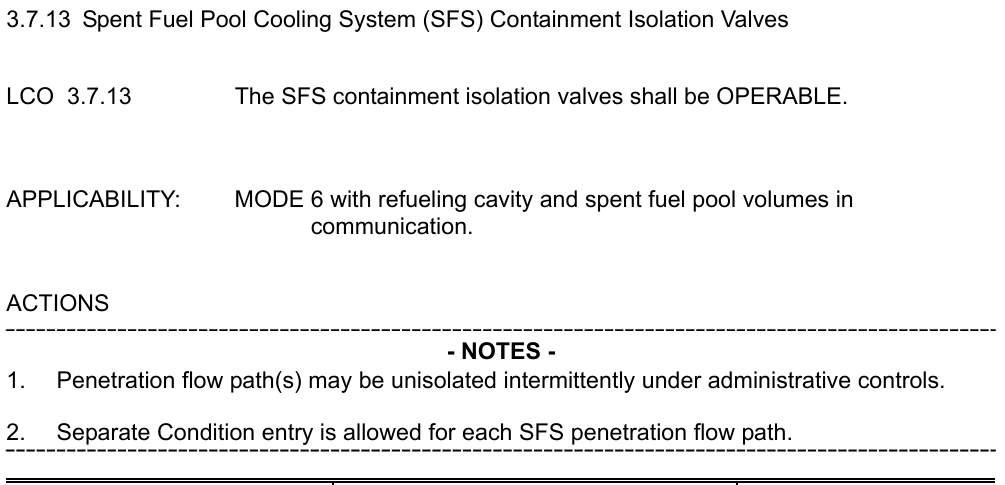 <p>OPERABLE</p><p></p><p>MODE 6 when Cavity and Pool tied</p><p></p><p>Per 3.6.3.4/5</p>