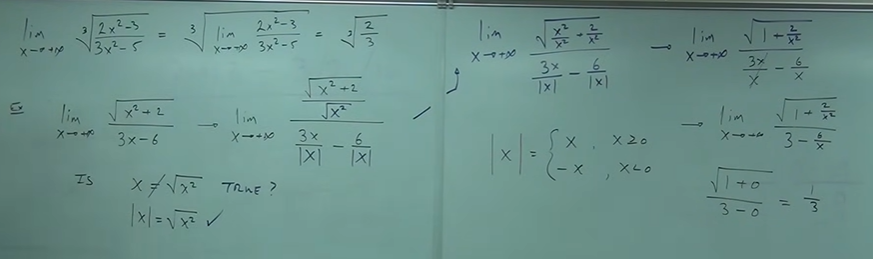 <p>Divide every term by x — divide by the square root of x for radicals; and divide by the absolute value of x for rational functions involving radicals. Analyze piecewise for absolute value functions.</p>