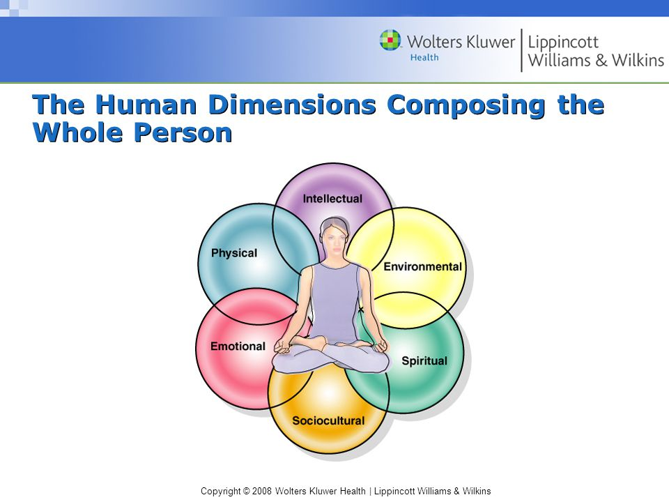 <ul><li><p><u>physical dimension</u> - genetics, age, race, gender, developmental level  </p></li><li><p><u>emotional dimension</u> - how the mind affects body function &amp; responds to body conditions </p></li><li><p><u>intellectual dimension</u> - cognitive abilities, educational background, past experiences </p></li><li><p><u>environmental dimension</u> - housing, sanitation, climate, pollution </p></li><li><p><u>sociocultural dimension</u> - economic level, lifestyle, family, culture </p></li><li><p><u>spiritual dimension</u> - spiritual beliefs and values </p></li></ul><p></p>