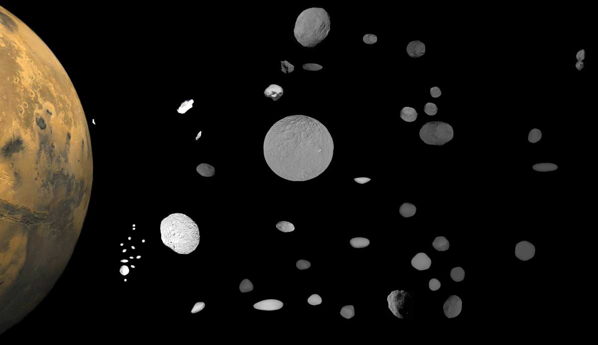 <p><span>Why are asteroids closer to Jupiter (just off the right side of the images) so much darker than those near Mars (on the left)?</span></p><p><span>A. </span>Solar radiation is stronger on the ones near Mars and has bleached them.</p><p><span>B. The asteroids near Mars have a higher content of water ice and are thus lighter in color.</span></p><p><span>C. </span>Dark carbonaceous materials are common on the asteroids near Jupiter.</p><p><span>D. </span>The asteroids near Mars are light because they have abundant light color feldspar.</p>