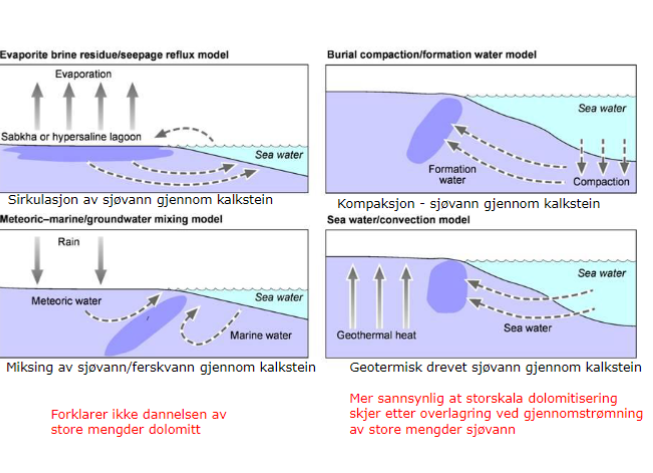 Dolomitt (CaMg(CO3)2) er relativt uvanleg i moderne avsetningsmiljø, derfor i hovudsak antatt å dannes diagnetisk i ein prosess kjent som dolomitttisering