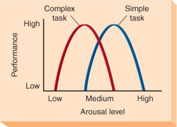 <ul><li><p>Arousal increases performance up to a certain point, after which it interferes with performance </p></li><li><p>The optimal level of arousal depends on whether it’s an easy or difficult </p></li></ul><p></p>