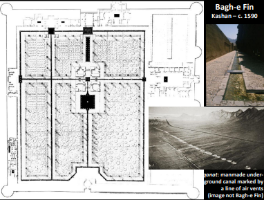 <ul><li><p><span>Close to chahar bagh in form</span></p></li><li><p><span>Pavilion at the center with pool of water</span></p><ul><li><p><span>Water flows out to the city</span></p><ul><li><p><span>Qanat above ground</span></p></li></ul></li><li><p><span>Comes from mountains</span></p></li></ul></li><li><p><span>Microclimate from water and vegetation</span></p></li></ul>