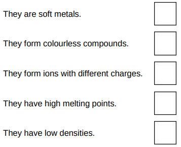 <p>This question is about metals and the reactivity series.</p><p>Which two statements are properties of most transition metals?</p>