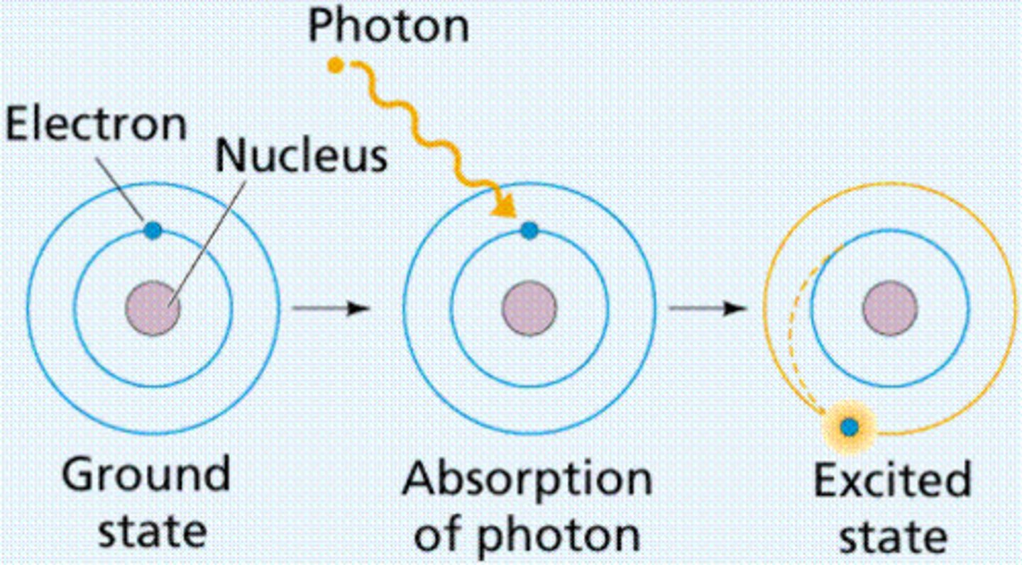 <p>When an electron gains energy it moves up to a higher energy level</p>