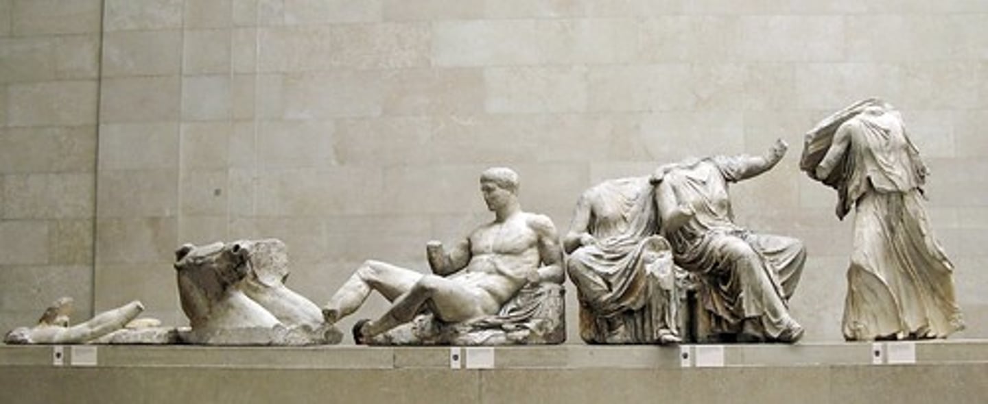 <p>Period: Early Classical 5th Century B.C.E.</p><p>Form: Marble statues from East Pediment</p><p>Function: Decorative</p><p>Content: Left- Helios' horses emerge from horizon. Cornice piece. Draped clothing. Man (Dionysus) entered realm of gods.</p>