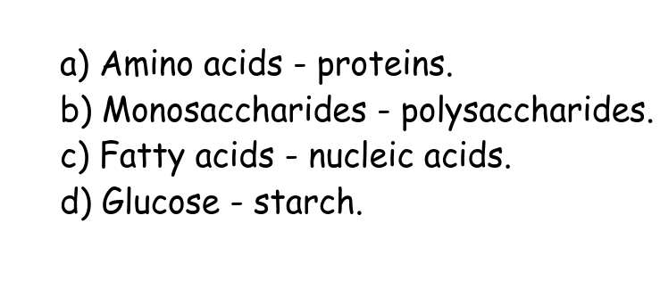 <p>Which monomer is incorrectly matched with its corresponding polymer?</p>