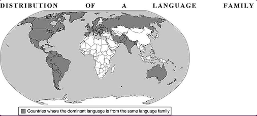 The map shows the distribution of the language family that has the largest number of speakers in the world. Which statement correctly identifies the language family shown and the method of diffusion that best explains the pattern?