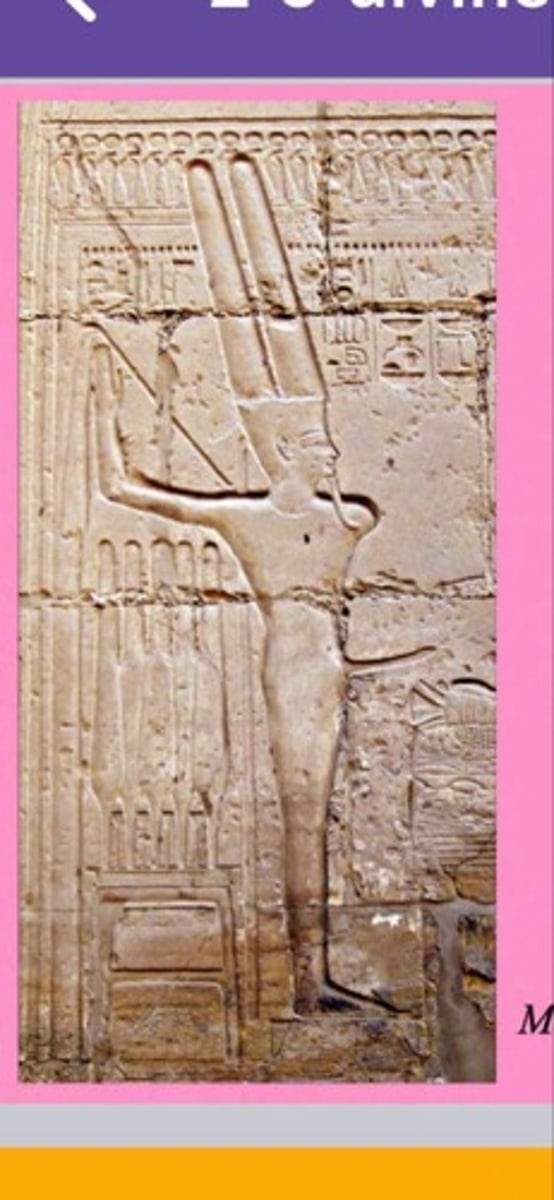 <p>creator god, deity of male fertility</p><p>-god associated with fertility, sexuality, and the regenerative powers of nature, often depicted as a ithyphallic man holding a flail and a scepter.</p><p>-He was worshipped primarily in the city of Akhmim (Panopolis) in Upper Egypt, where he was revered as the local deity and the patron of the region's agricultural fertility.</p><p>-Min was celebrated in festivals and rituals aimed at promoting fertility, prosperity, and the renewal of life, particularly during the annual Min Festival held in his honor.</p><p>-He was also associated with the pharaoh's virility and power, symbolizing the monarch's ability to ensure the fertility and abundance of the land.</p>