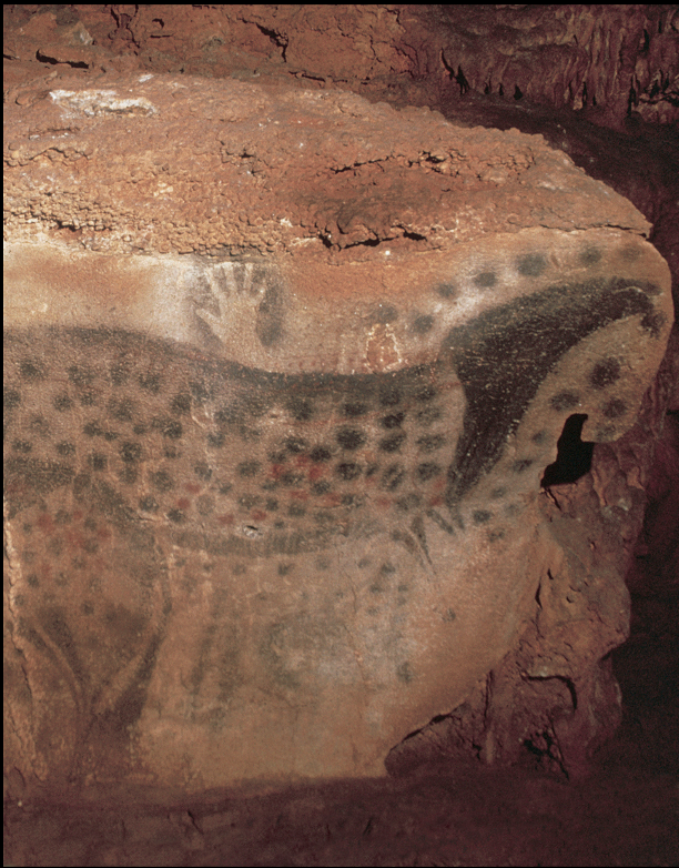 <p><span>SPOTTED HORSES AND HUMAN HANDS<br>Pech-Merle Cave. Dordogne, France. Horses 25,000-24,000 BCE; hands c. 15,000 BCE. Paint on limestone, individual horses over 5' (1.5 m) in length</span></p><img src="https://knowt-user-attachments.s3.amazonaws.com/1fa3a24b-9a25-4a35-9b5f-533c59b5026e.png" data-width="100%" data-align="center"><p>Prehistoric </p>