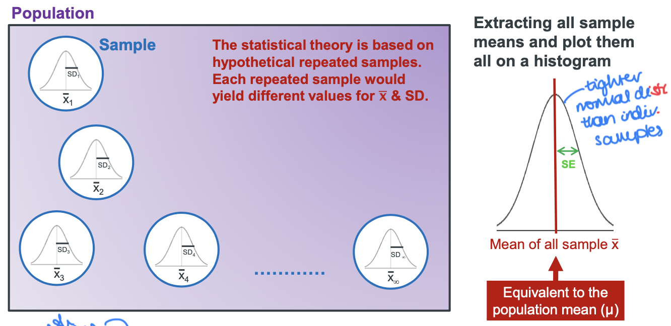 <p>The Normal distribution of an individual sample mean (x̄ ) is likely to be <strong>wider</strong> than that of the mean of all the sample mean (x̄ <sub>infin</sub>).</p>