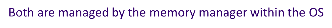 * Both are a way of dividing up memory but each method has different purpose.
* Both allow programs larger than memory to run
* Both are managed by the memory manager within the OS