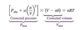 <p>In the van der Waals equation, what corrects what?</p>