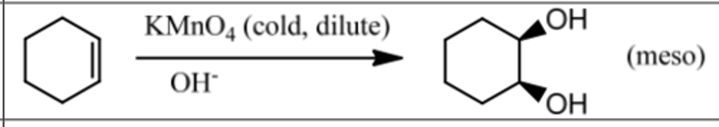 <p>Reagents: KMnO₄ (cold, dilute)/ OH⁻</p><p>What's Added: OH &amp; OH</p><p>Regioselectivity: -</p><p>Sterioselectivity: Syn Addition</p><p>Intermediate: -</p><p>[Forms Meso Compound]</p>