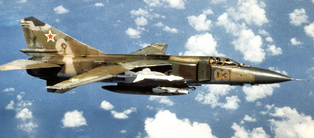 <p>FLOGGER K, MiG-23, МиГ-23 (Pointed nose, D-shaped intakes, variable sweep wing, Single engine, extended vertical stabiliser)</p>