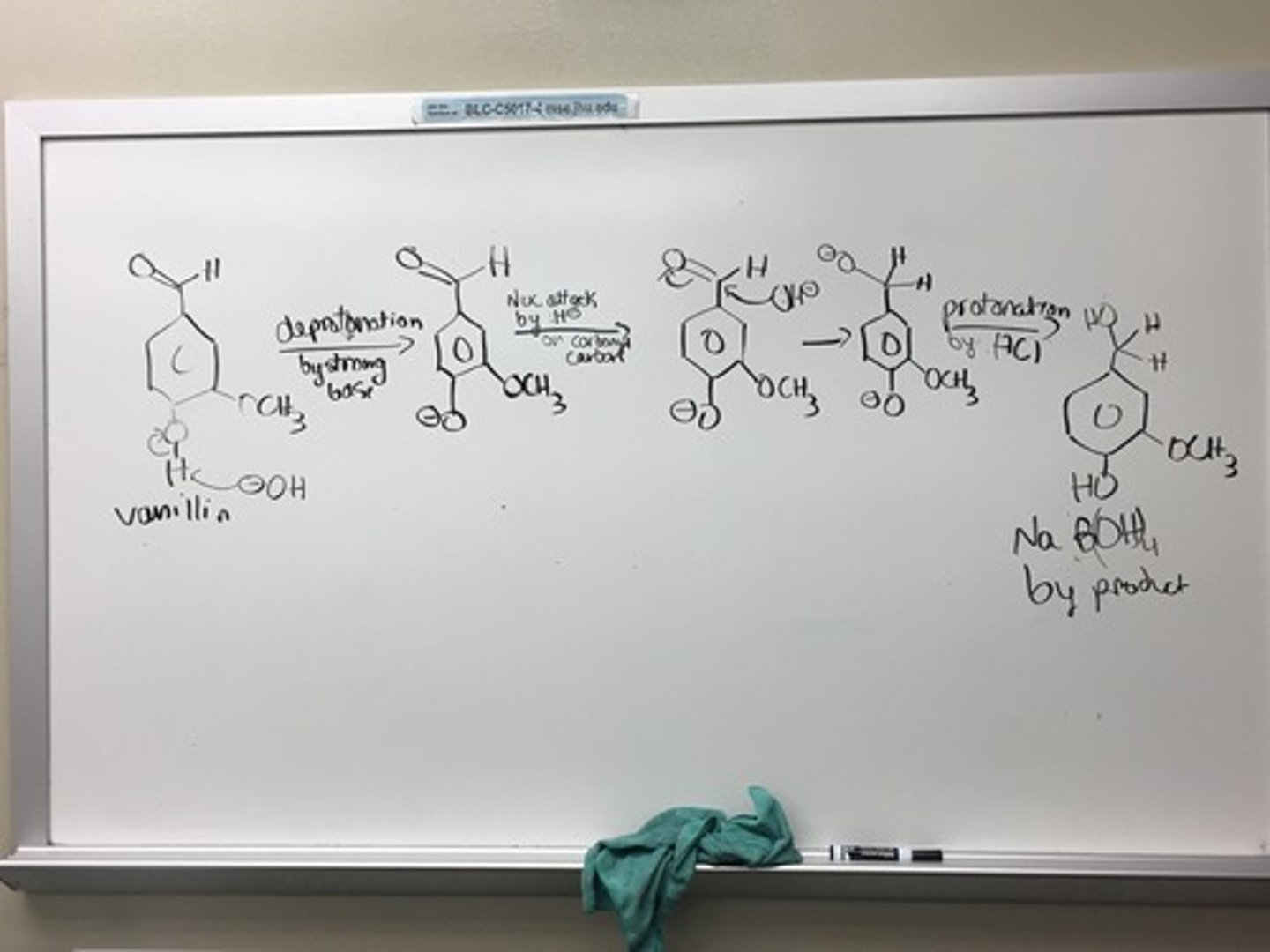 <p>reducing aldehyde of vanillin to vanillyl alcohol</p>
